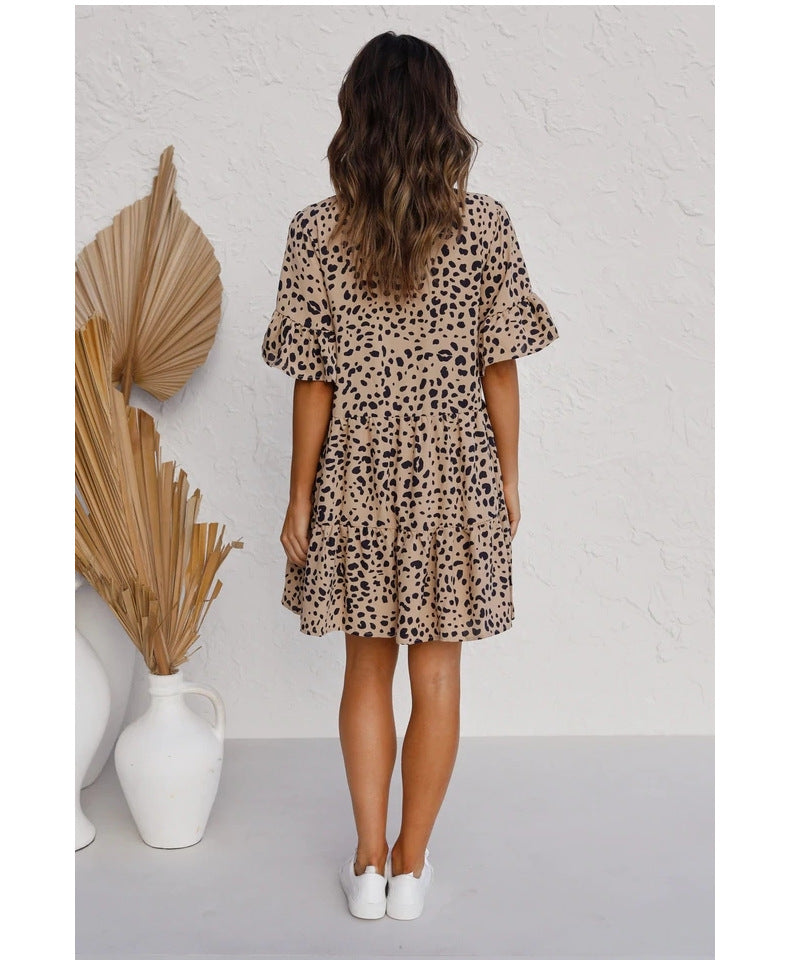 STARBELLA 2023 NEW WOMEN LEOPARD SHORTS SLEEVE DRESS