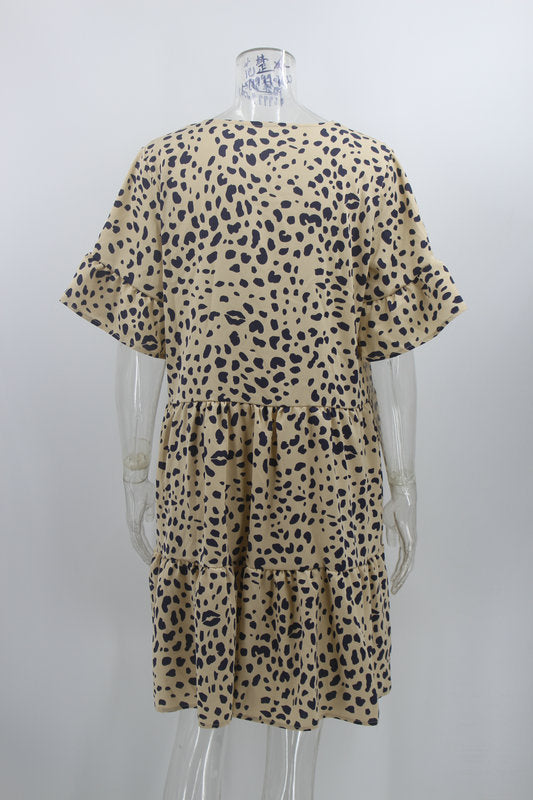 STARBELLA 2023 NEW WOMEN LEOPARD SHORTS SLEEVE DRESS