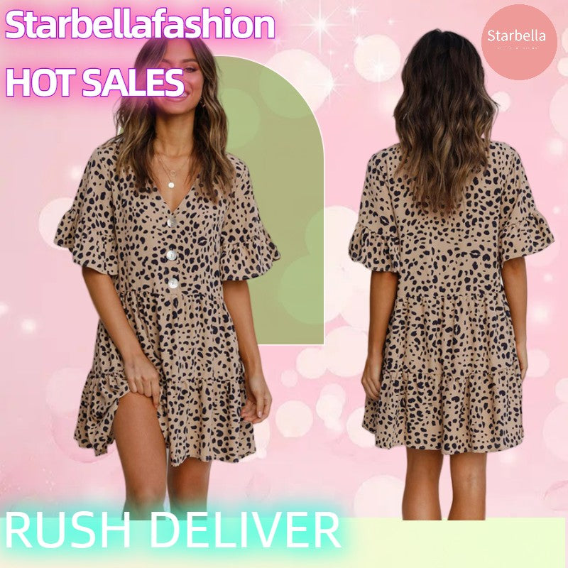 STARBELLA 2023 NEW WOMEN LEOPARD SHORTS SLEEVE DRESS