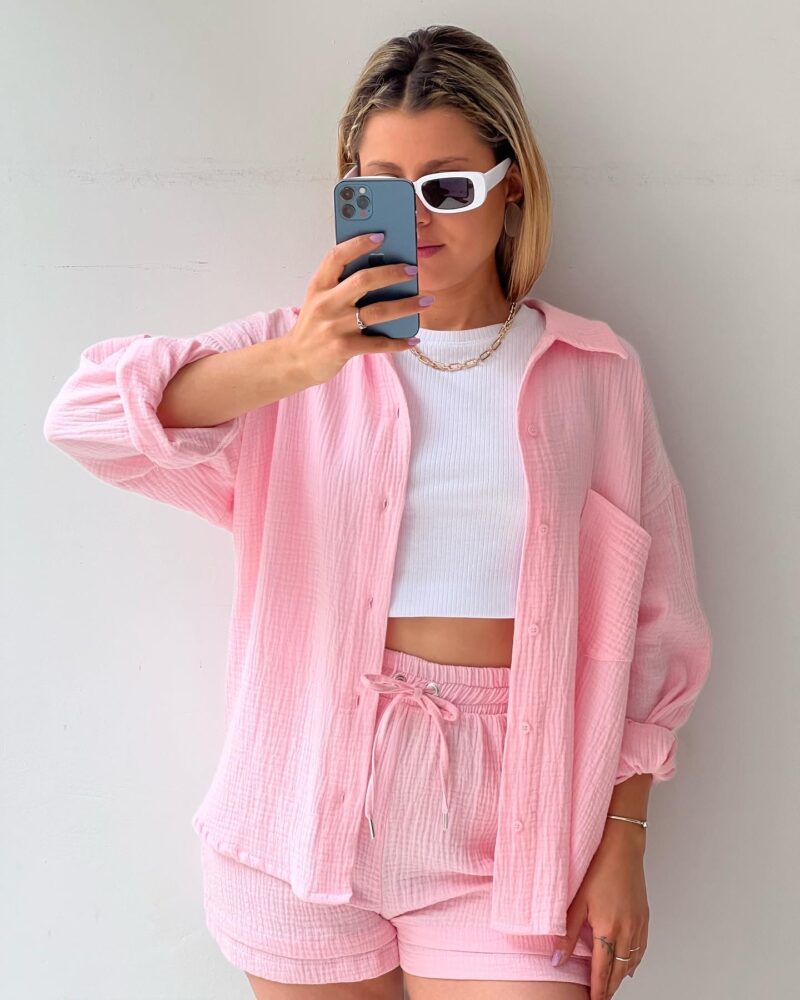 COTTON CRINKLE OVERSIZED BLOUSE AND SHORTS PLEATED SETS