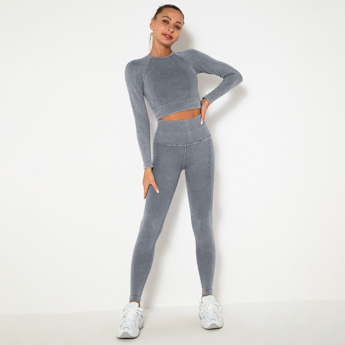 GREY SEAMLESS LONG SLEEVE RIB DETAIL SPORTS SETS