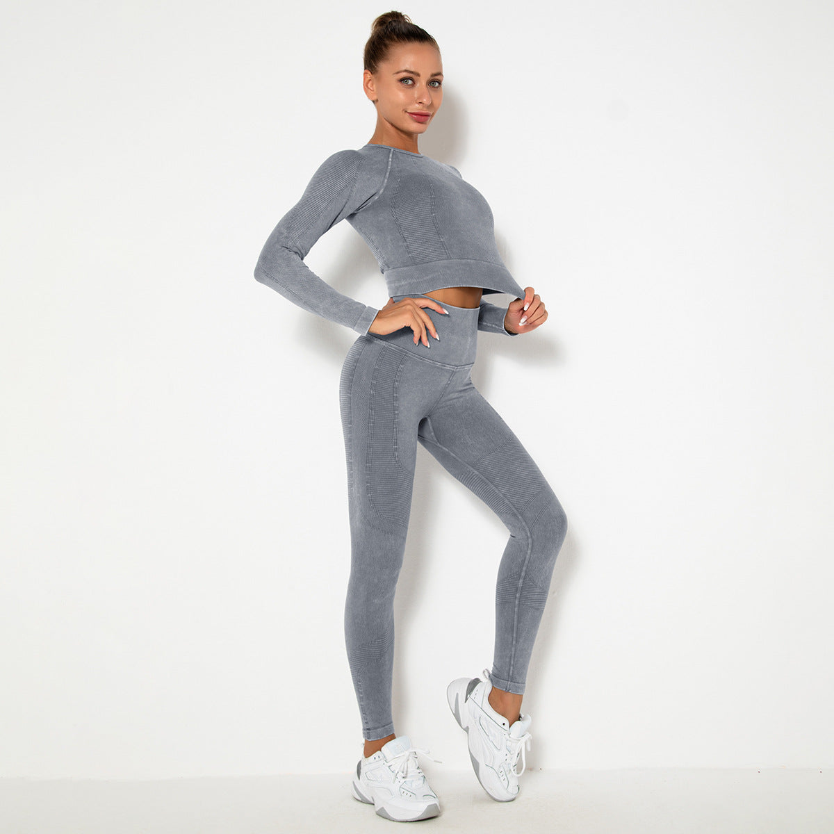 GREY SEAMLESS LONG SLEEVE RIB DETAIL SPORTS SETS