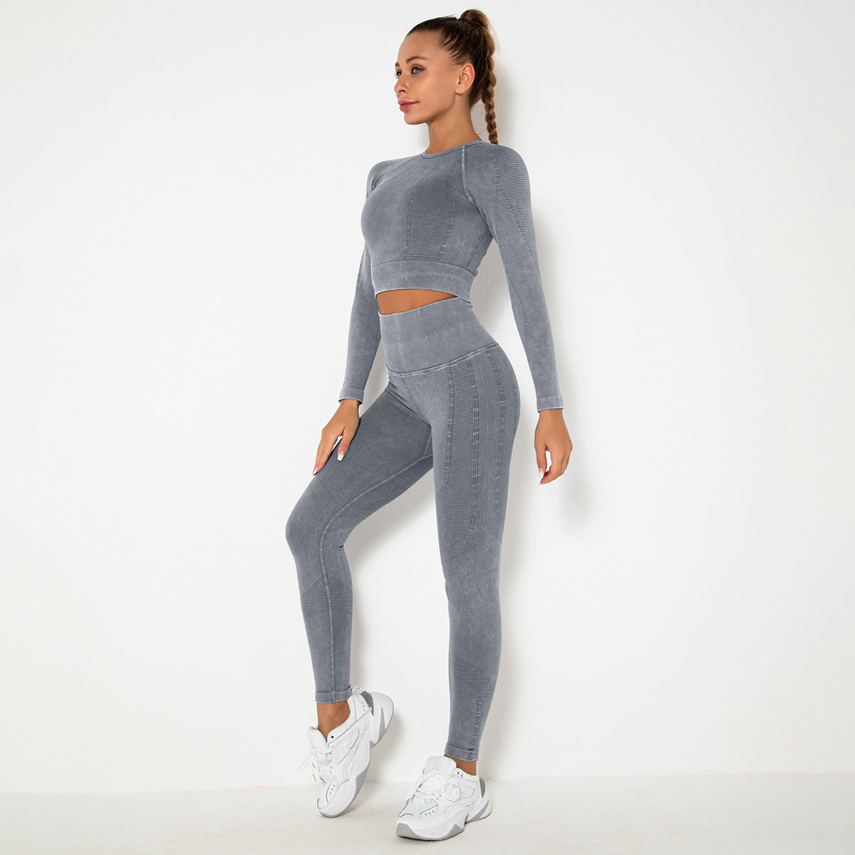 GREY SEAMLESS LONG SLEEVE RIB DETAIL SPORTS SETS