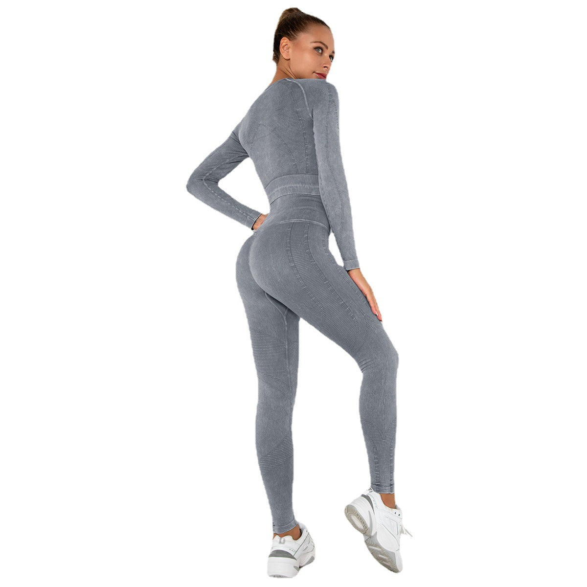 GREY SEAMLESS LONG SLEEVE RIB DETAIL SPORTS SETS