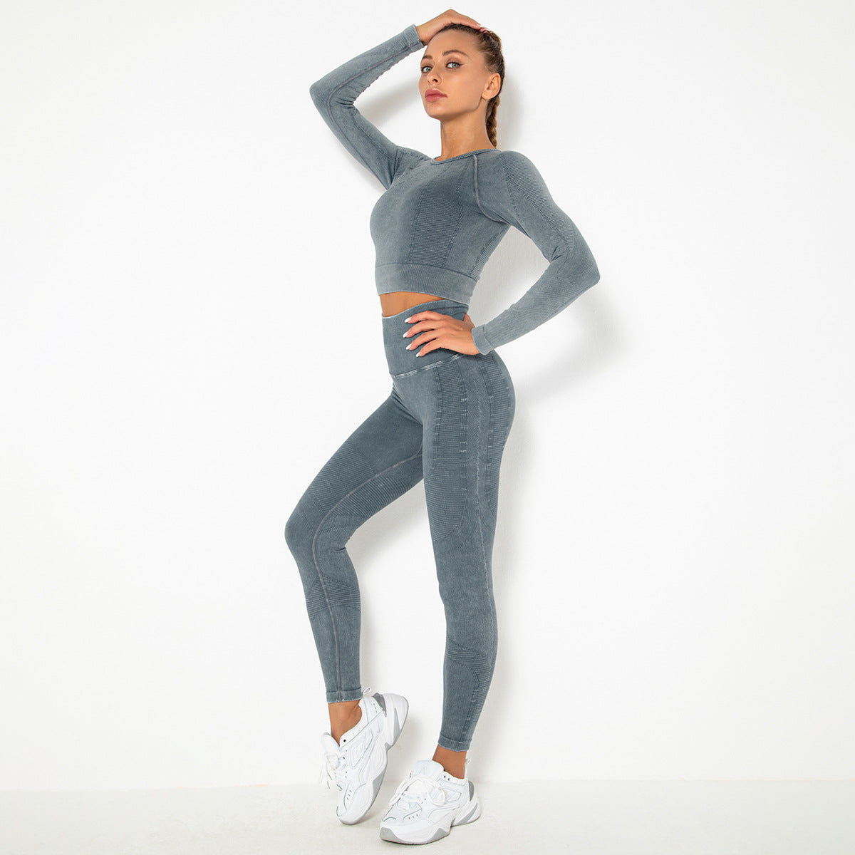 GREY SEAMLESS LONG SLEEVE RIB DETAIL SPORTS SETS