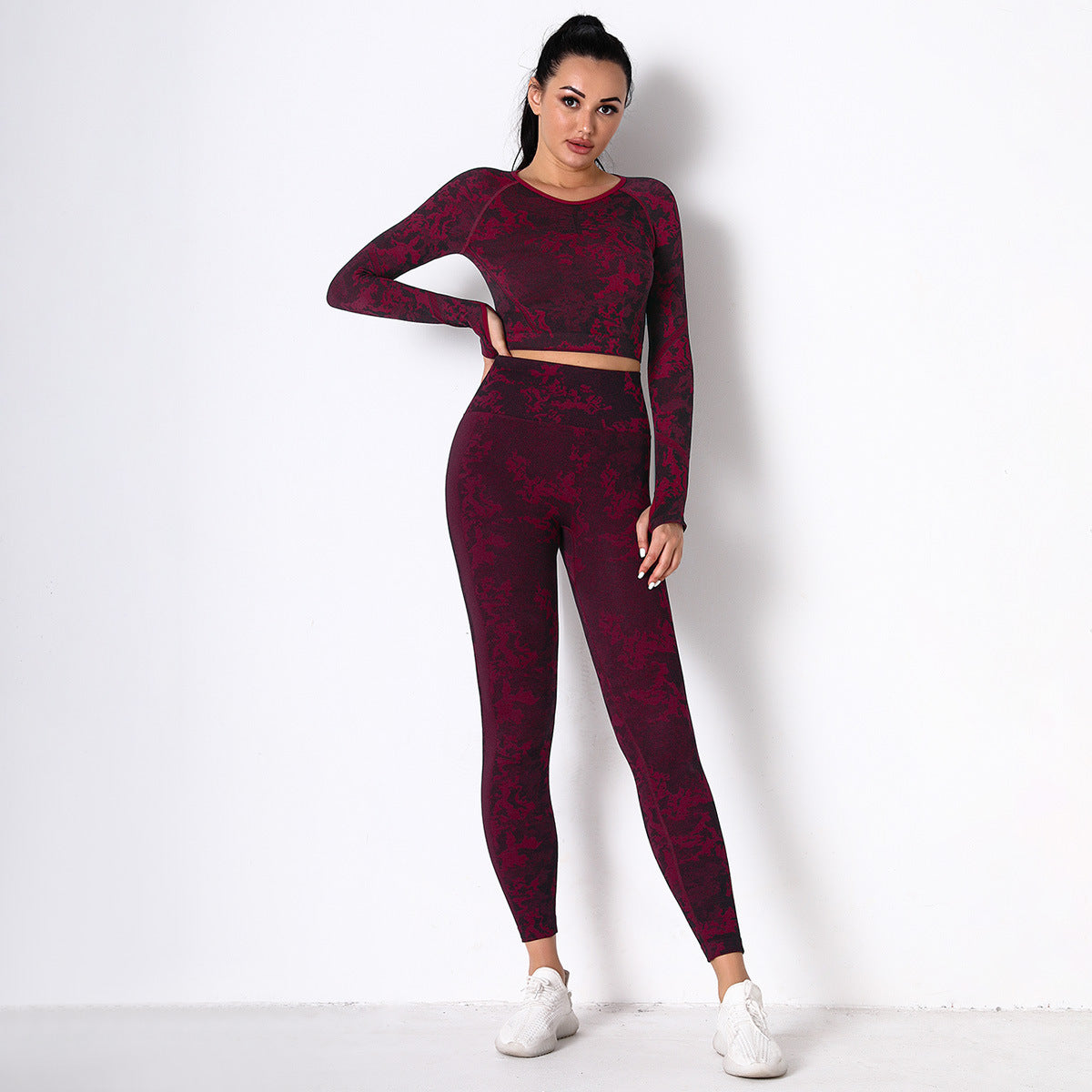 Burgundy Jungle fatigues Seam less Crop Top&Leggings Set