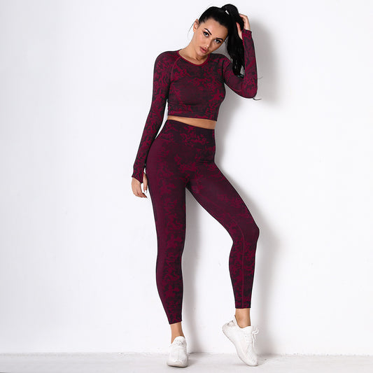 Burgundy Jungle fatigues Seam less Crop Top&Leggings Set