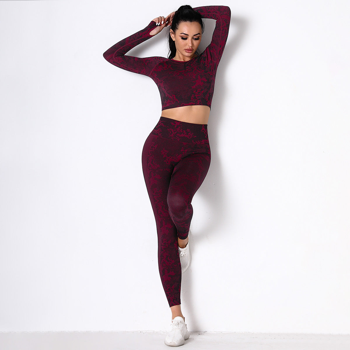 Burgundy Jungle fatigues Seam less Crop Top&Leggings Set