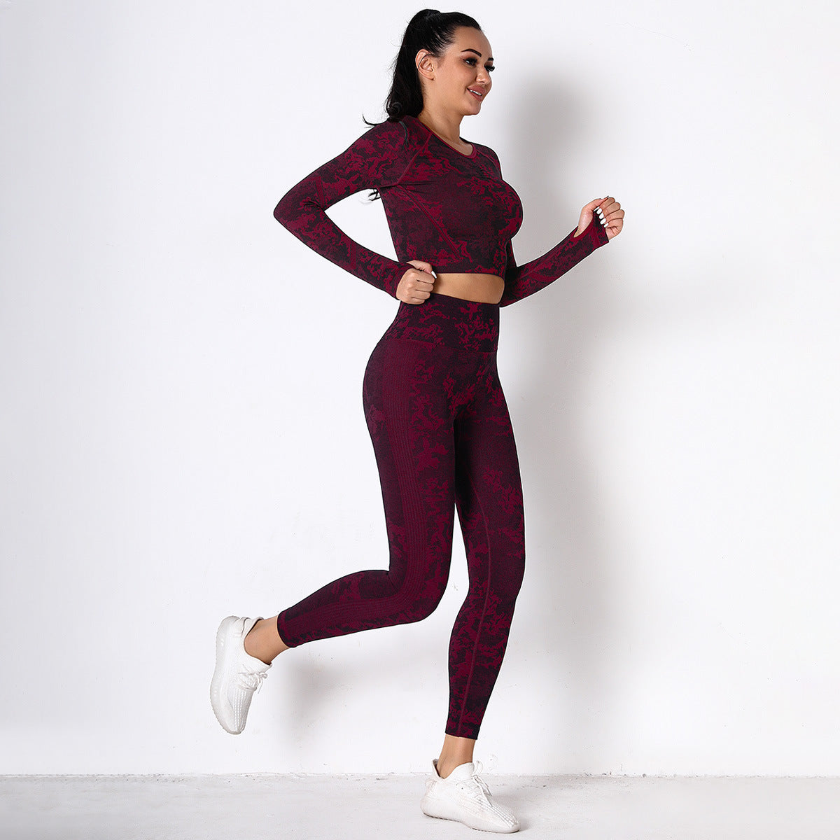 Burgundy Jungle fatigues Seam less Crop Top&Leggings Set