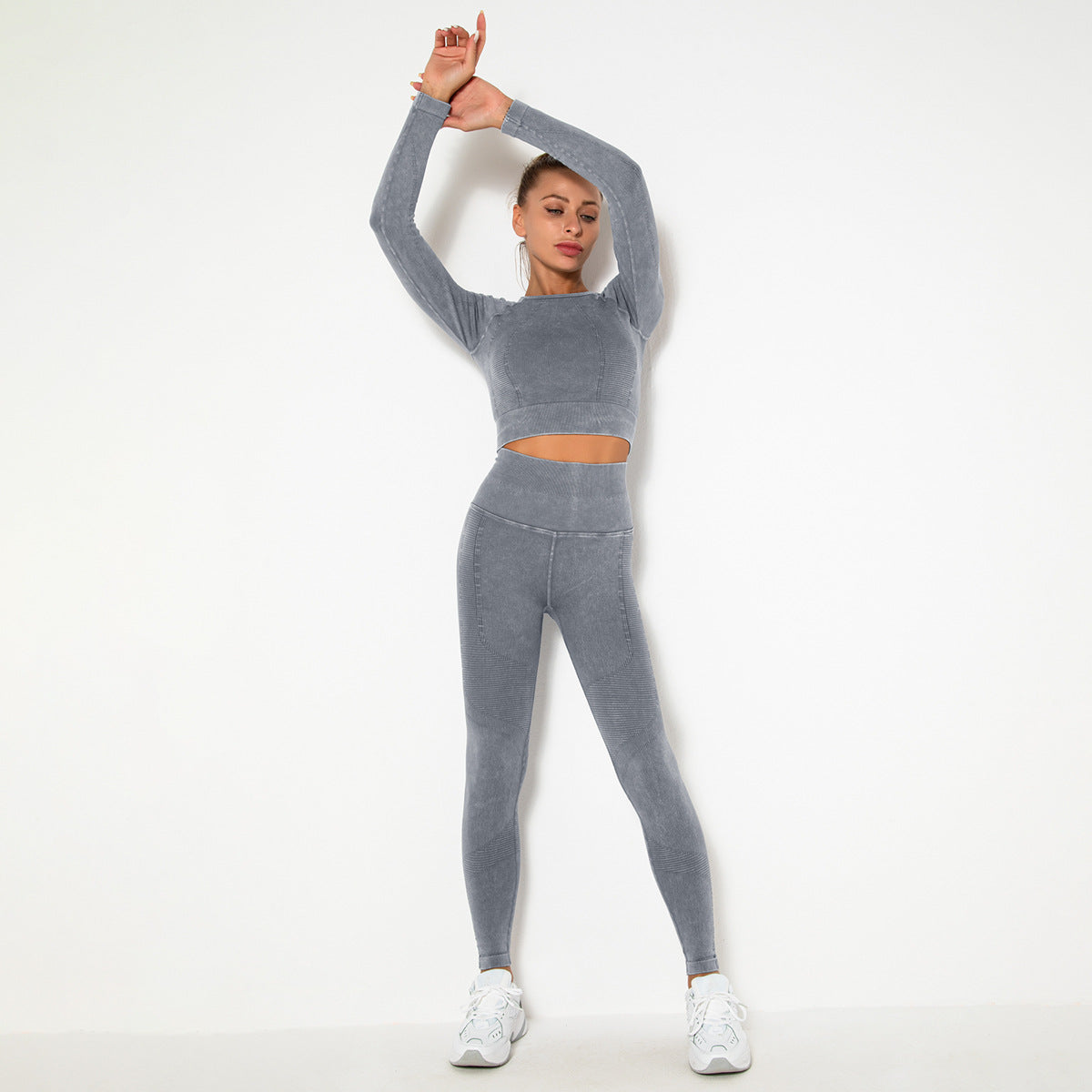 GREY SEAMLESS LONG SLEEVE RIB DETAIL SPORTS SETS