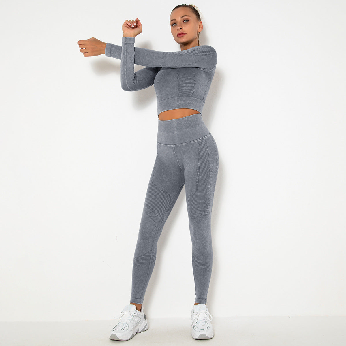 GREY SEAMLESS LONG SLEEVE RIB DETAIL SPORTS SETS