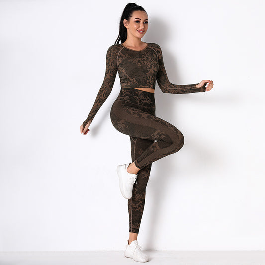 Brown Jungle fatigues Seam less Crop Top&Leggings Set