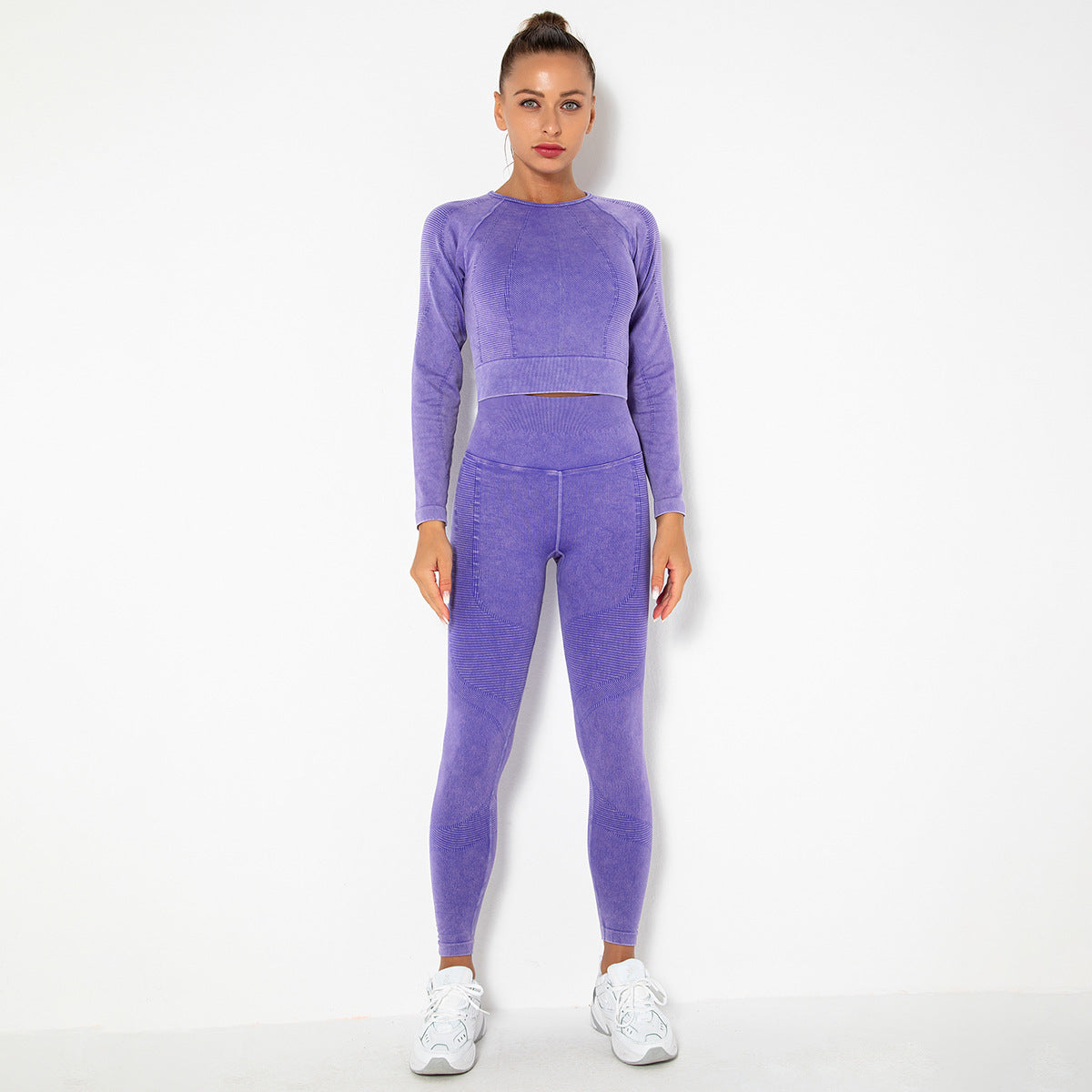 PURPLE SEAMLESS LONG SLEEVE RIB DETAIL SPORTS TOP