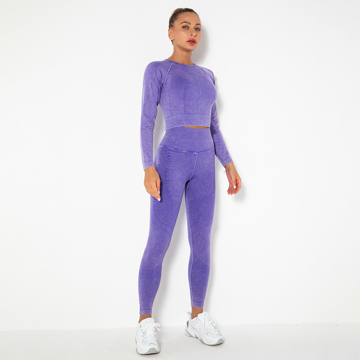 PURPLE SEAMLESS LONG SLEEVE RIB DETAIL SPORTS TOP