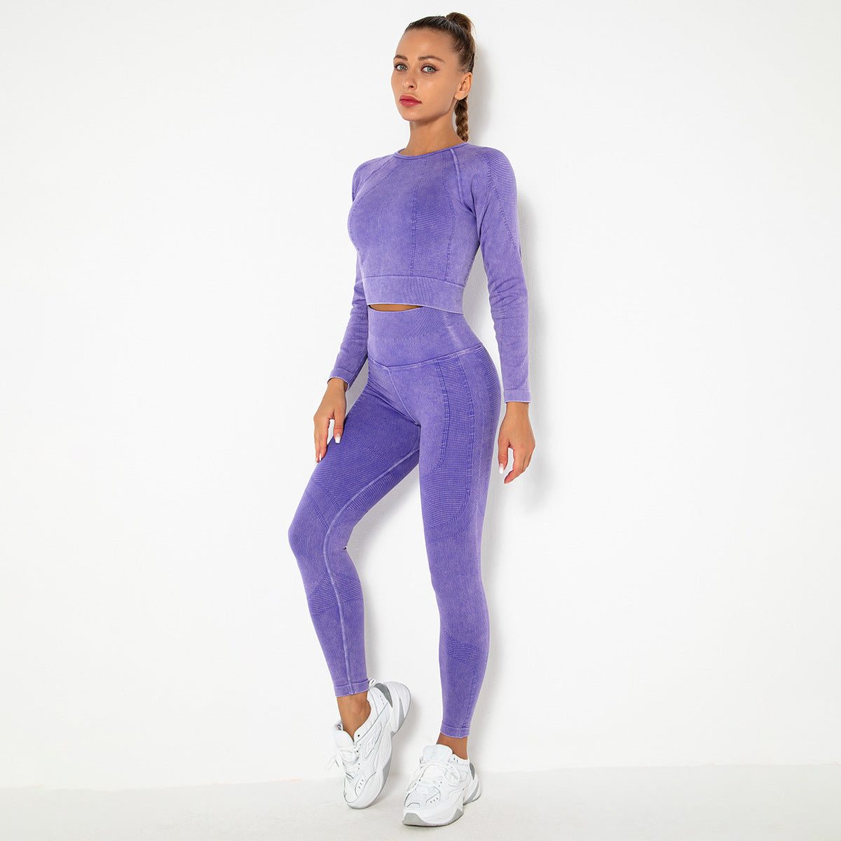 PURPLE SEAMLESS LONG SLEEVE RIB DETAIL SPORTS TOP