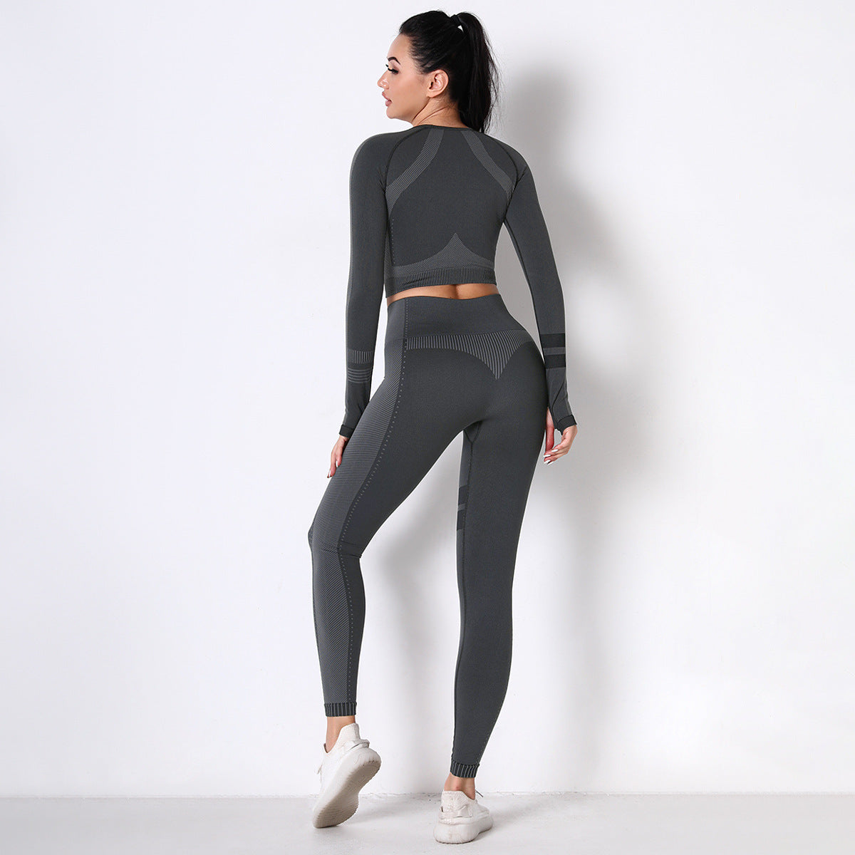 CHARCOAL SEAMLESS SPORT LONG SLEEVE CROP TOP AND LEGGIES SETS